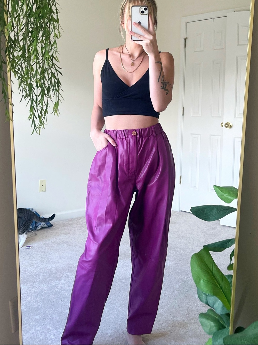 Free People Camille Vegan Leather Paper Bag Slouchy Pull On Elastic Waist Pants